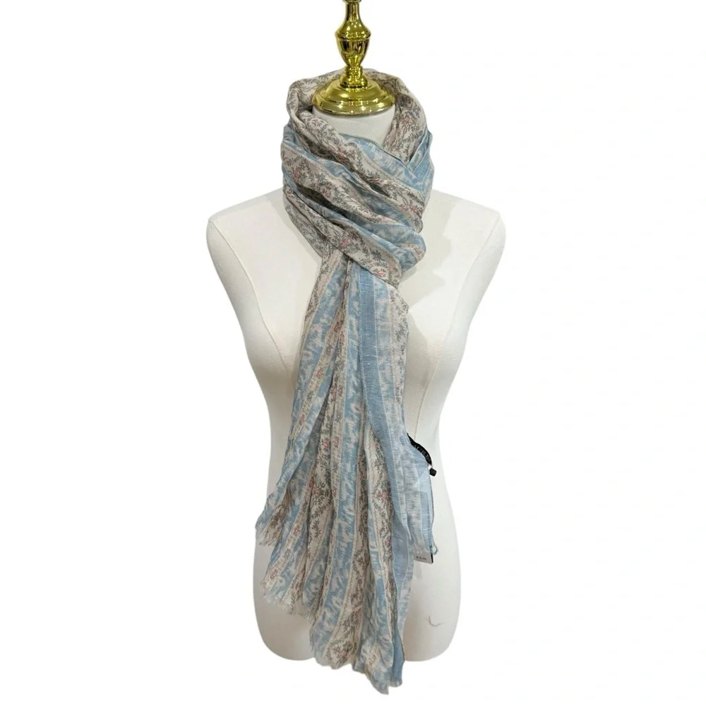 NWT Lauren Ralph Lauren Blue and Cream Floral Stripe Scarf